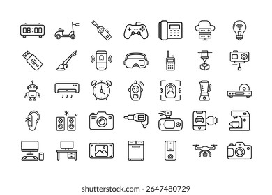 A collection of various electronic devices and household appliances depicted as outline icons.