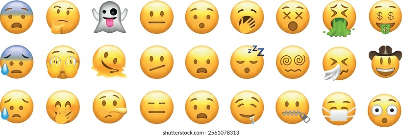 A collection of various emoji faces representing different emotions and reactions, ideal for digital communication and expression.