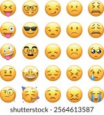 A collection of various emoji faces showcasing a range of emotions from happiness to sadness, perfect for digital communication.