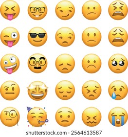 A collection of various emoji faces showcasing a range of emotions from happiness to sadness, perfect for digital communication.