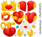 Collection of various emoji yellow hand symbols with red hearts, key, envelope. 3d cartoon style. Vector illustration