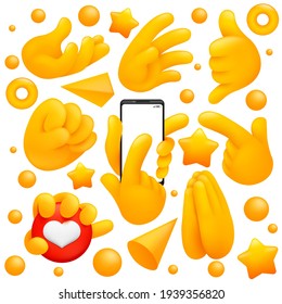 Collection of various emoji yellow hand symbols with prayer sign, smartphone swipe and other gestures. 3d cartoon style. Vector illustration