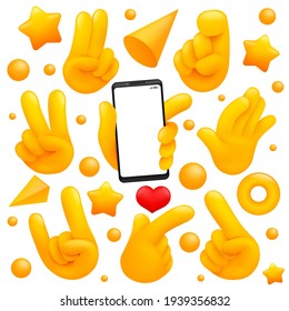 Collection Of Various Emoji Yellow Hand Symbols With Smartphone, Victory, Goodbye Signs And Other Gestures. 3d Cartoon Style.