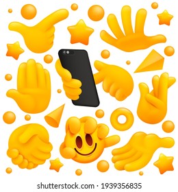 Collection of various emoji yellow hand symbols with smartphone, handshake sign and other gestures. 3d cartoon style. Vector illustration