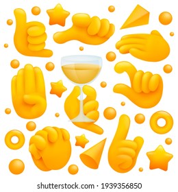 Collection of various emoji yellow hand symbols with wineglass, shaka sign and other gestures. 3d cartoon style. Vector illustration