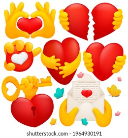 Collection of various emoji yellow hand symbols with red hearts, key, envelope. 3d cartoon style. Vector illustration