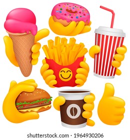 Collection of various emoji yellow hand symbols with soda, burger, ice cream, donut. 3d cartoon style. Vector illustration