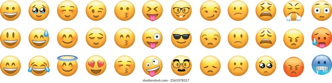 A collection of various emojis displaying a range of emotions including happiness, sadness, surprise, and anger.