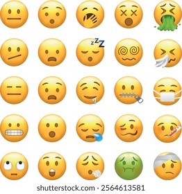 A collection of various emoticons representing a range of human emotions, including happiness, sadness, sickness, and surprise.