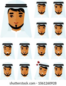 Collection of various emotion expression arabic avatar man-happy, angry, sad, funny. Set of different avatar arab people in colorful flat style.
