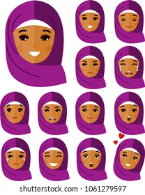 Collection of various emotion expression arabic avatar woman - happy, angry, sad, funny. Set of different avatar arab people in colorful flat style.
