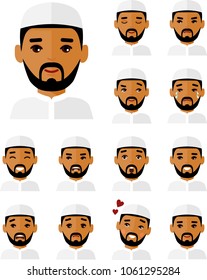 Collection of various emotion expression arabic avatar man - happy, angry, sad, funny. Set of different avatar arab people in colorful flat style.
