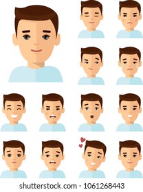 Collection of various emotion expression avatar man happy, angry, sad, funny. Set of different avatar people in colorful flat style.
