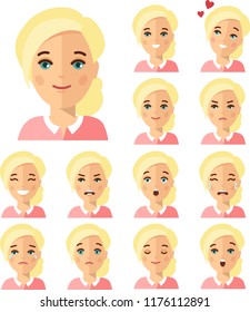 Collection of various emotion expression avatar female happy, angry, sad, funny. Set of different avatar woman people in colorful flat style.