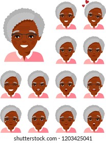 Collection of various emotion expression avatar age female happy, angry, sad, funny. Set of different african american avatar old women in colorful flat style.