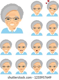 Collection of various emotion expression avatar age female happy, angry, sad, funny. Set of different european avatar old women in colorful flat style.
