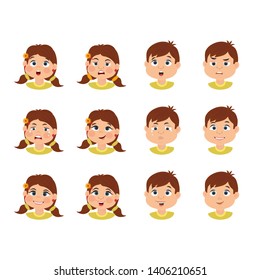 Collection of various emotion expression avatar cutes girl and boy. Set of facial emotions, happy, angry, sad, funny, crying. Vector illustration in cartoon style. 