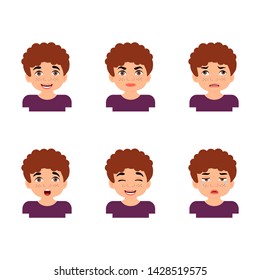 Collection of various emotion expression avatar cutes boy. Set of facial emotions, happy, angry, sad, funny, crying. Vector illustration in cartoon style.