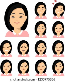 Collection of various emotion expression chinese avatar female happy, angry, sad, funny. Set of different avatar asian woman in colorful flat style.
