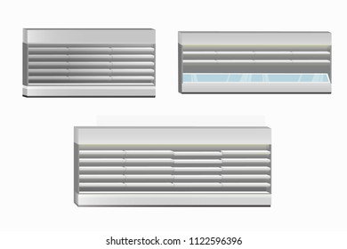  Collection of various empty grey refrigerators with shelves. Isolated vector objects for your design