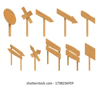 collection of various empty wooden texture signs. Set of isometric vector signboards isolated on white background. concept of the signpost and billboards