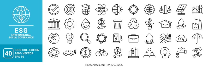 Collection of various environmental, social, governance, ESG icons, leaves, solar panels, recycling, vector template editable and resizable EPS 10.