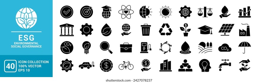 Colección de diversos iconos ambientales, sociales, de gobierno, ESG, hojas, paneles solares, reciclaje, plantilla vectorial editable y redimensionable EPS 10.