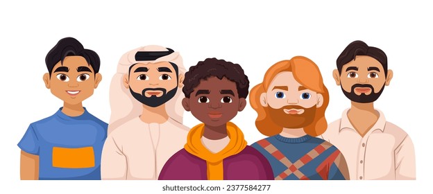 Collection of various ethnic man. Set of caucasian, arab, african american, indian, asian boy. Guy wearing national clothes. Concept of race equality, freedom. White background. Vector illustration