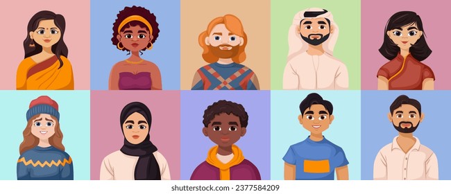 Colección de varias mujeres y hombres étnicos. Conjunto de pares caucásicos, árabes, afroamericanos, indios y asiáticos. Personas con ropa nacional. Igualdad racial, cultura diferente. Ilustración del vector