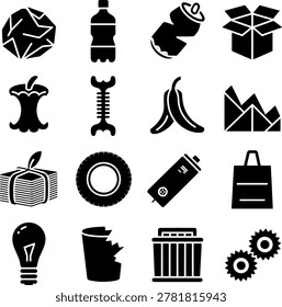 Collection of various everyday objects and icons featuring household items and tools in minimalist black style