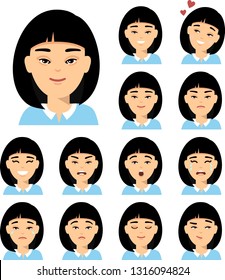 Collection Of Various Expressions Chinese Avatar Female Smile Happy Angry Sad, Funny. Set Of Isolated Different Facial Emotions Young Asian Woman In Colorful Flat Style.
