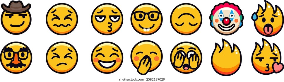 A collection of various expressive emoji faces in a digital format.