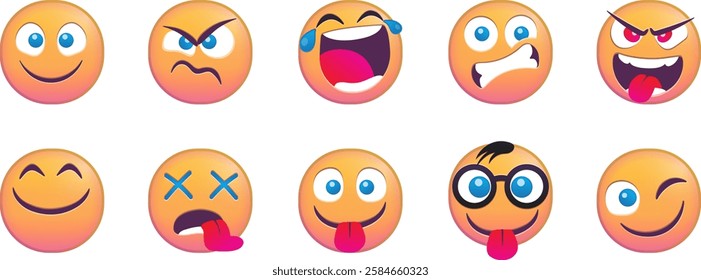 Collection of various expressive emoji faces with different emotions.