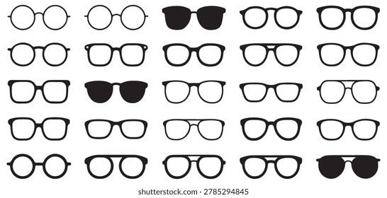 Collection of various eyeglasses and sunglasses styles. Different fashionable eyewear frames, perfect for design element.