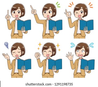 Collection of various facial expressions of business women. She has a book in her hand.