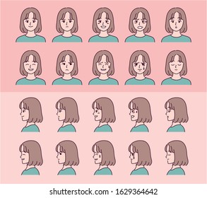 Collection of various facial expressions front and side. hand drawn style vector design illustrations. 