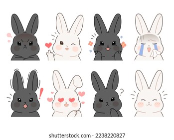 A collection of various facial expressions of rabbits. A cute black rabbit and white rabbit character upper body illustration.