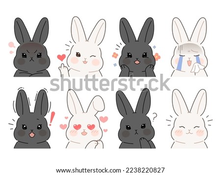 A collection of various facial expressions of rabbits. A cute black rabbit and white rabbit character upper body illustration.