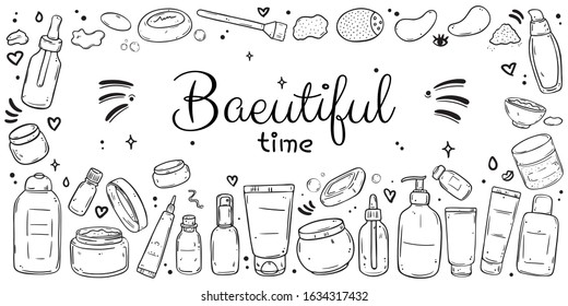 A collection of various facial skin care products. Black outline objects isolated on white background.