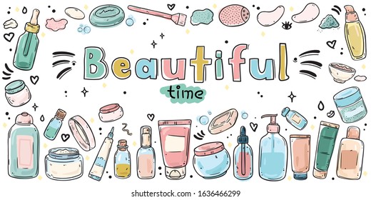 A collection of various facial skin care products. Colored objects isolated on white background.