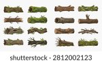 A collection of various fallen tree logs and stumps, some covered in moss, mushrooms, and ferns, isolated on a transparent background.