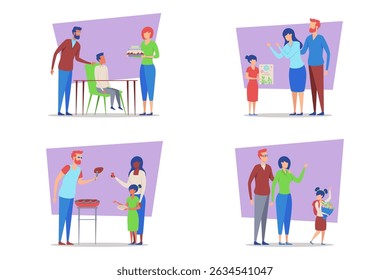 Collection of various family activities, including celebrating birthdays, sharing art, cooking together, and enjoying playful interactions. Strong bonds and love concept