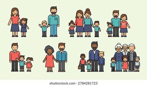 A collection of various family structures including single parents, same-sex couples, and multi-generational households rendered in a simple flat graphic design.
