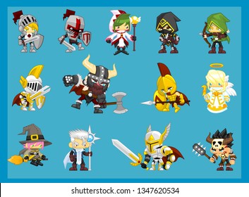Collection various fantasy medieval hero character illustrations