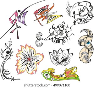 Collection of various fantasy tattoo sketches including abstract designs, animals, flowers, pinstripes and vignettes