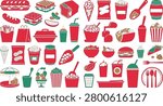 Collection of various fast food and drink items icons in red and green colors
