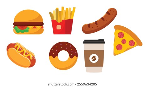 Collection of various fast food. Junk Meals Set. Pizza, burger, coffee, hot dog, french fries, donut. Perfect for menu or food package design. Cartoon cute vector illustration