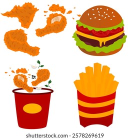 Collection of various fast food. Junk Meals Collection. fried chicken, burger, french fries. Perfect for menu or food package design. Cartoon cute hand drawn vector and Illustration