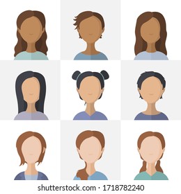 Collection of various female faces illustrations. Bundle of girl icon. Vector.