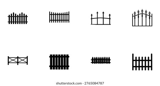 A collection of various fence designs and gate styles on a white background